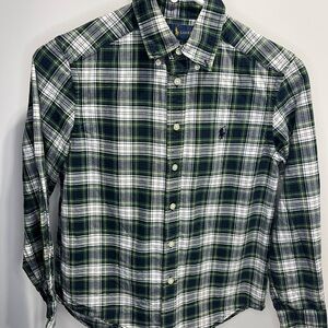 Ralph Lauren Boys Medium Green White Navy Plaid Button Down Shirt